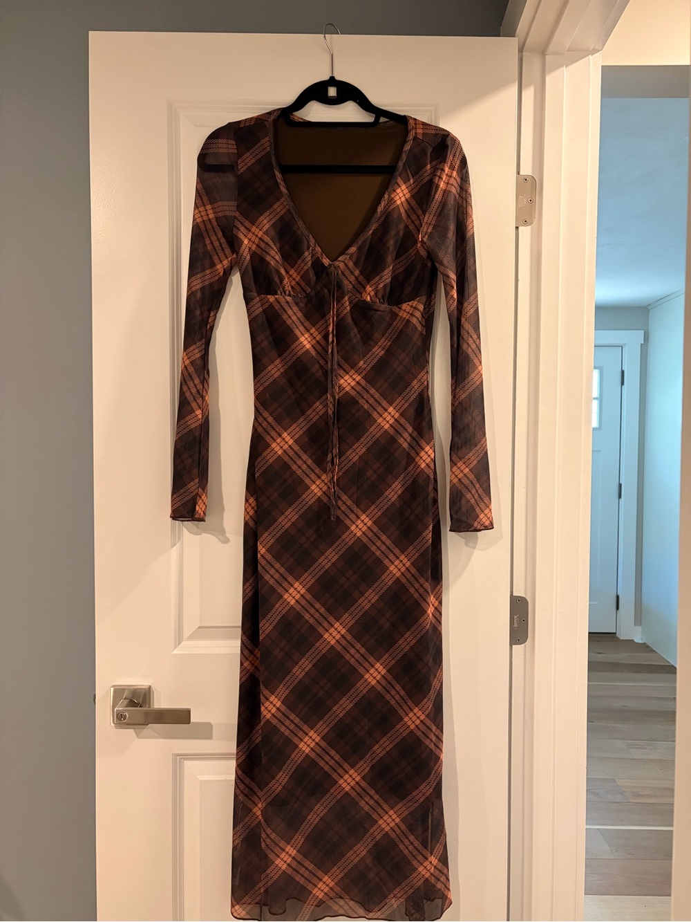 Semi-Sheer Checked Bell-Sleeve Mesh Dress